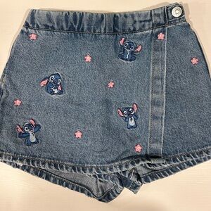 Disney Stitch x Zara Blue Jean Skort with Embroidered Stitch and Pink Flowers